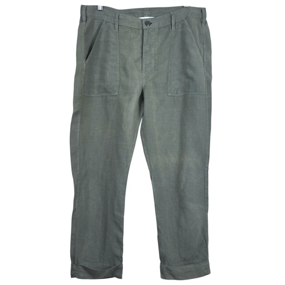 Frame Le Beau 100% Linen Military Green Cropped Pants Button Fly - Picture 2 of 15